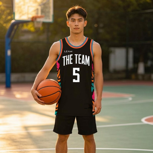 Model wearing custom black with vibrant pink, orange, and teal tiger-stripe patterns along the sides basketball singlet