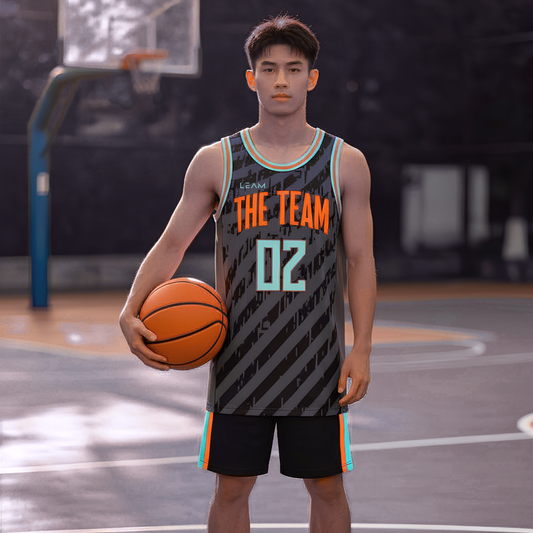 Model wearing custom grey and black diagonal patterned design basketball singlet