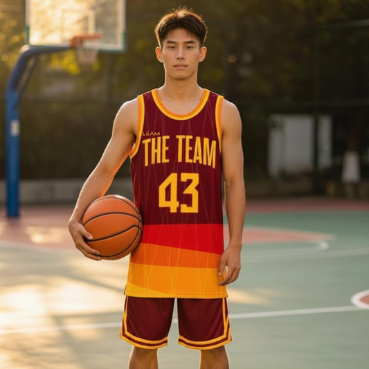 Model wearing custom maroon, yellow, orange and gold basketball singlet