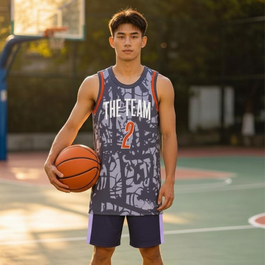 Model wearing custom purple abstract tree pattern basketball singlet
