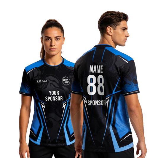 Two models wearing custom black and light blue football jersey