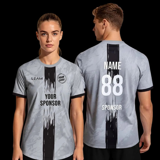 Two models wearing custom grey sports jersey with black paint brush stripe down the middle