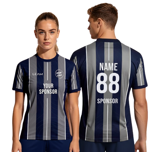 Two models wearing custom navy blue and grey with vertical stripes football jersey