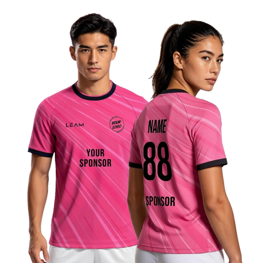 Two models wearing custom pink football jersey with diagonal light pink stripes, black collar and sleeve trim