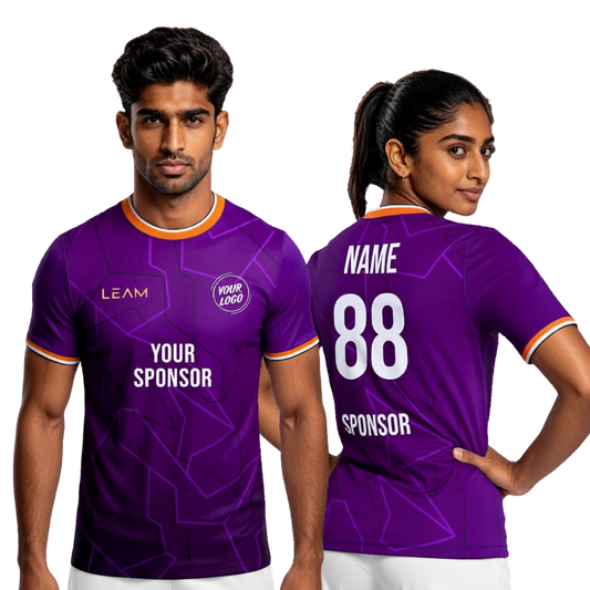 Two models wearing custom purple football jersey with geometric line patterns