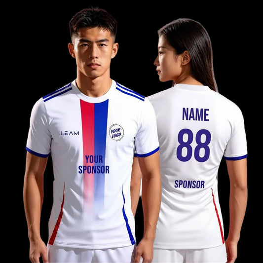Two models wearing custom white sports jersey with red and blue stripe down the middle