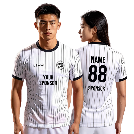 Two models wearing custom white with thin black vertical pinstripes football jersey, black collar and sleeve trim
