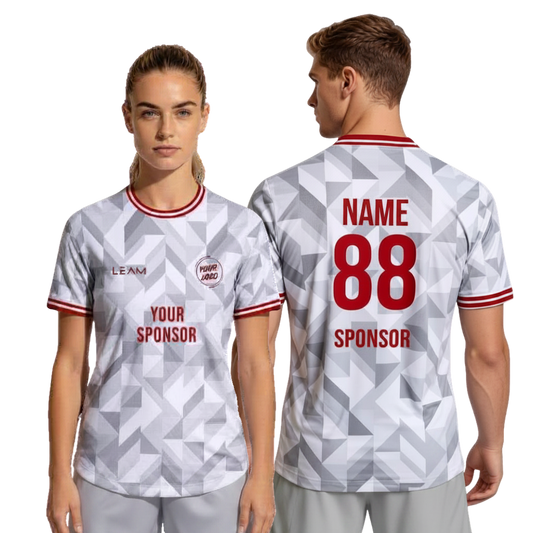 Two models wearing custom grey and white geometric pattern football jersey