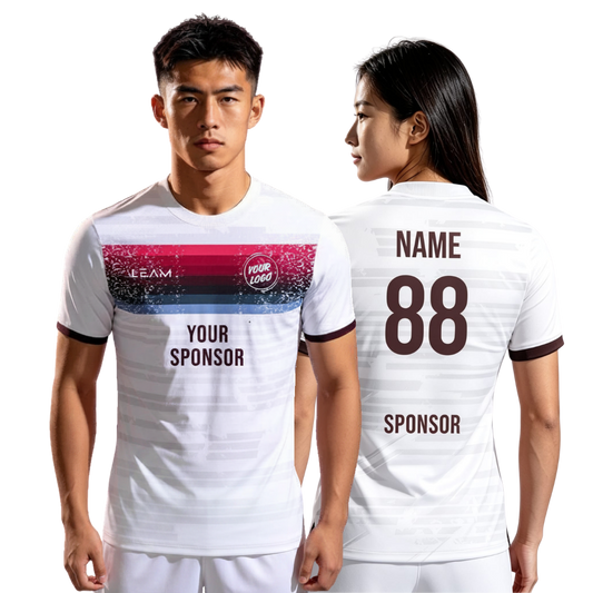 Two models wearing custom white with a red, black, and blue horizontal graphic stripe across the chest football jersey