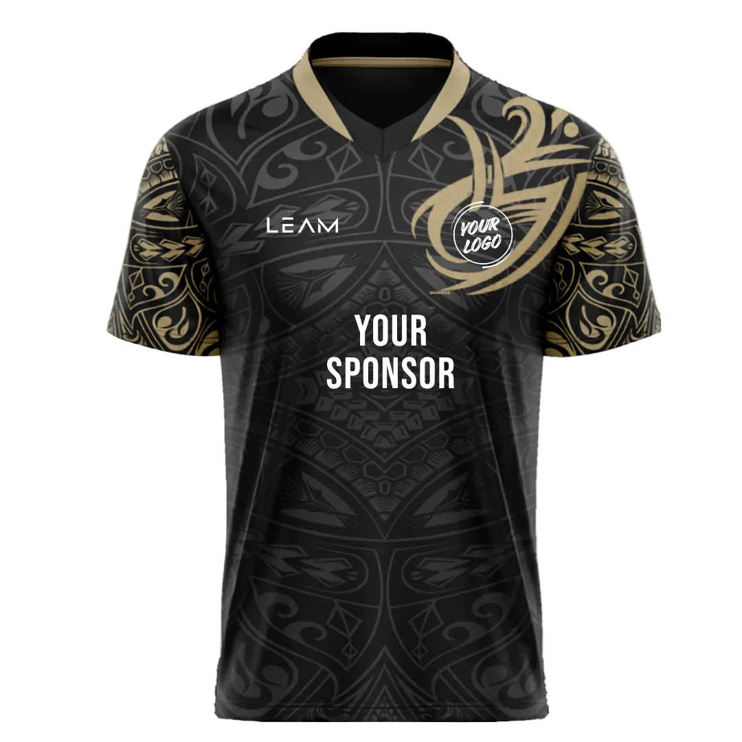 Custom black with a gold tribal pattern on the sleeves and collar football jersey