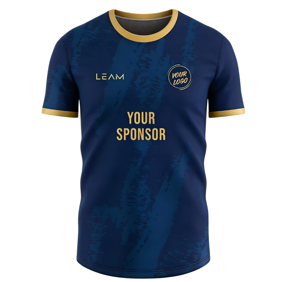 Custom navy blue with gold trim on the collar and cuffs featuring a subtle vertical textured pattern football jersey