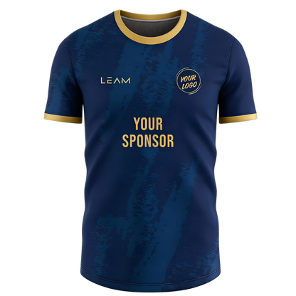 Custom navy blue with gold trim on the collar and cuffs featuring a subtle vertical textured pattern football jersey