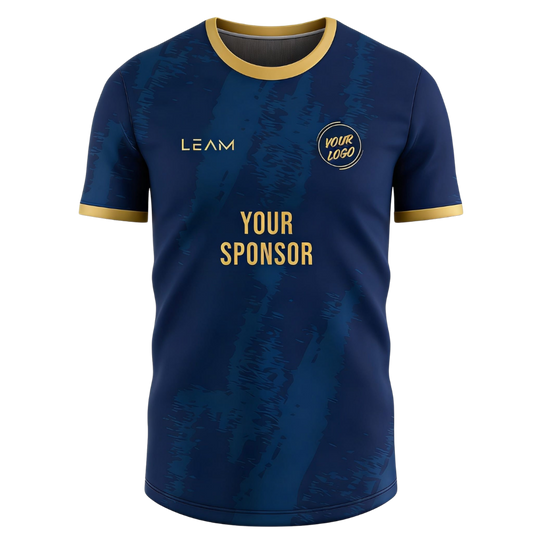Custom navy blue with gold trim on the collar and cuffs featuring a subtle vertical textured pattern football jersey