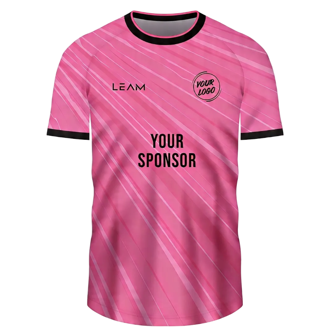 Custom pink football jersey with diagonal light pink stripes, black collar and sleeve trim
