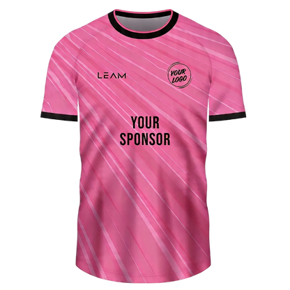 Custom pink football jersey with diagonal light pink stripes, black collar and sleeve trim