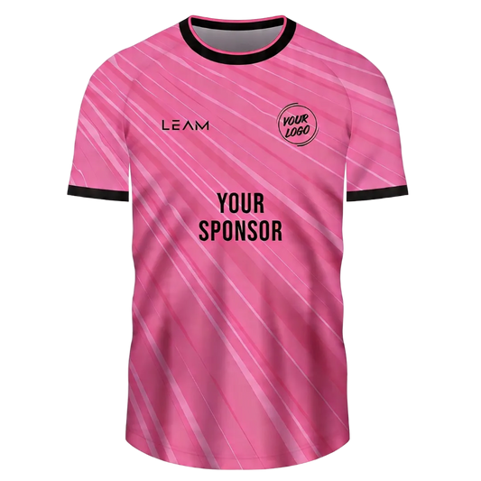 Custom pink football jersey with diagonal light pink stripes, black collar and sleeve trim