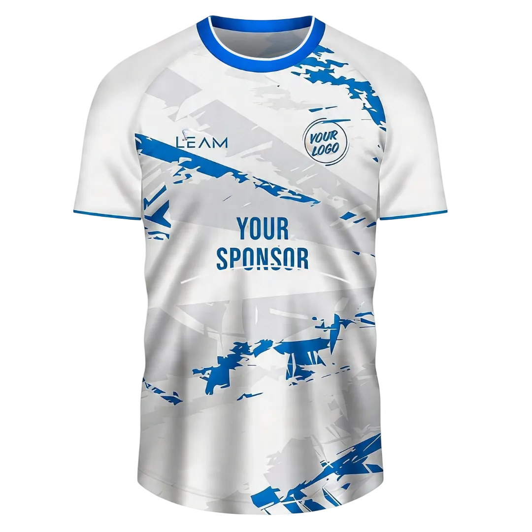 Custom white base, blue collar and sleeve trim, and blue abstract graphics football jersey