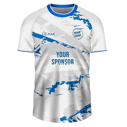 Custom white base, blue collar and sleeve trim, and blue abstract graphics football jersey