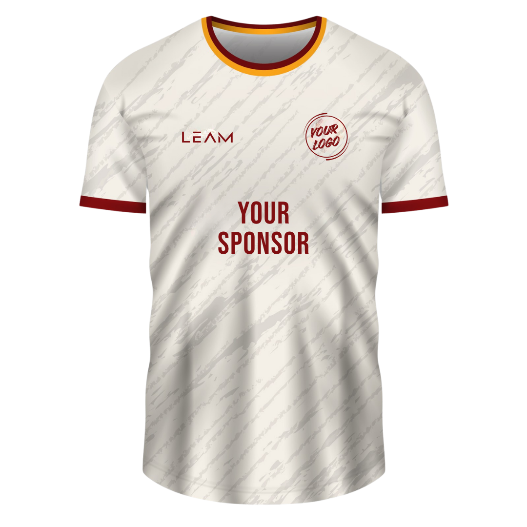 Custom white with a subtle diagonal pattern, featuring a red and yellow collar, red sleeve cuffs football jersey