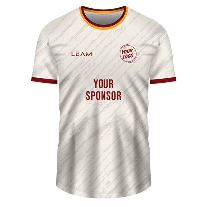 Custom white with a subtle diagonal pattern, featuring a red and yellow collar, red sleeve cuffs football jersey
