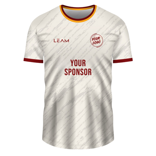 Custom white with a subtle diagonal pattern, featuring a red and yellow collar, red sleeve cuffs football jersey