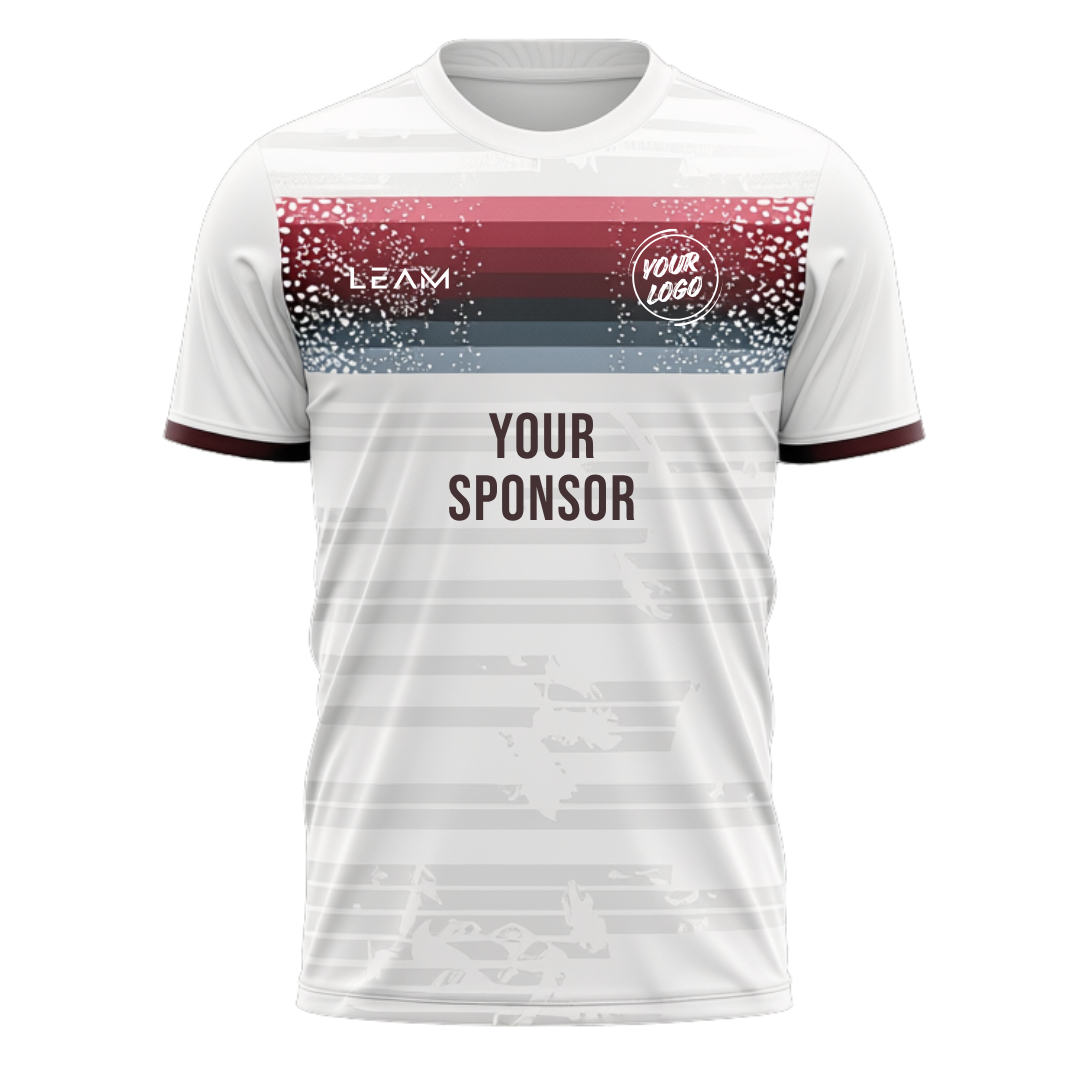 Custom white with a red, black, and blue horizontal graphic stripe across the chest football jersey