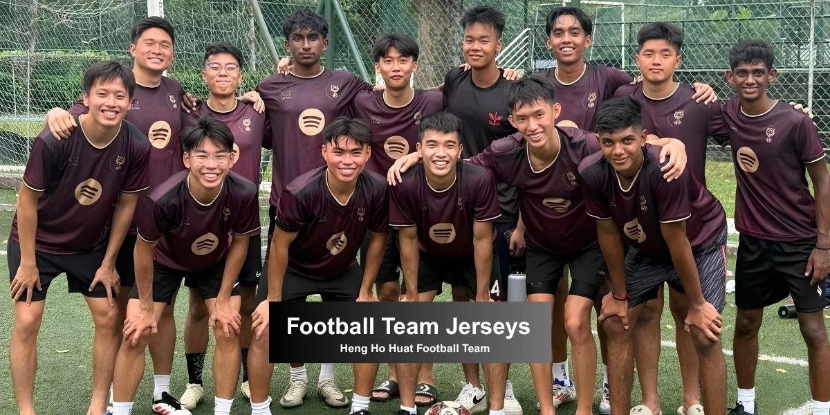 football team wearing custom LEAM maroon jerseys in singapore