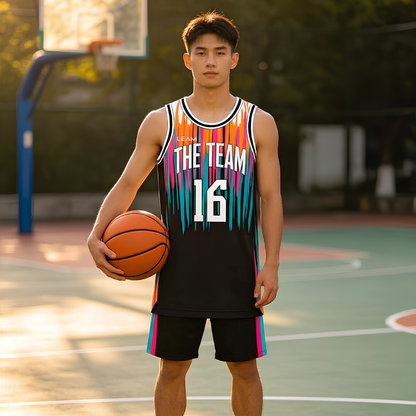 Model wearing custom black decorated with vibrant vertical streaks of orange, pink, and teal basketball singlet.