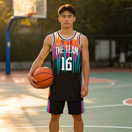 Model wearing custom black decorated with vibrant vertical streaks of orange, pink, and teal basketball singlet.
