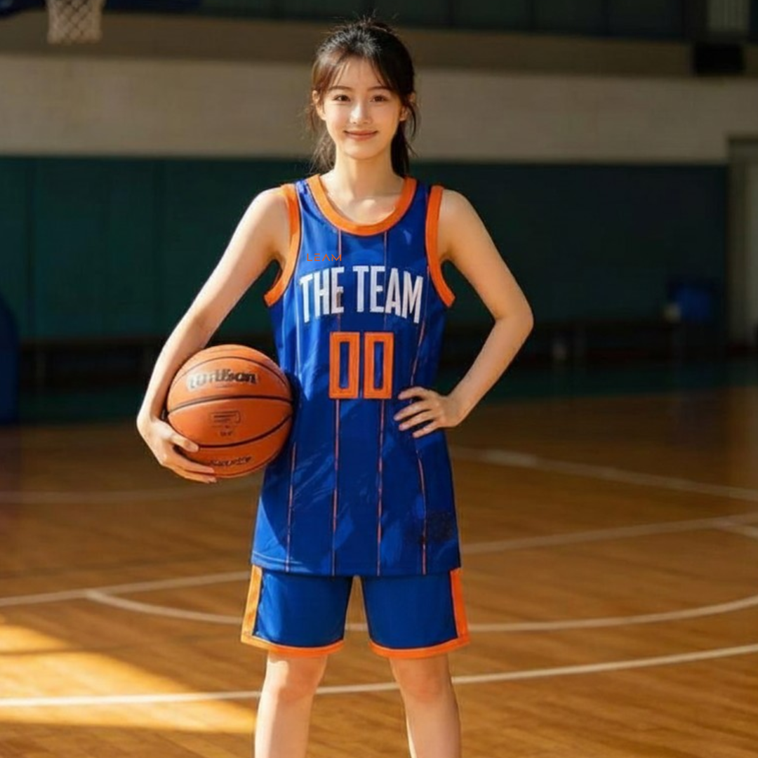 Model wearing custom blue with orange trim basketball singlet