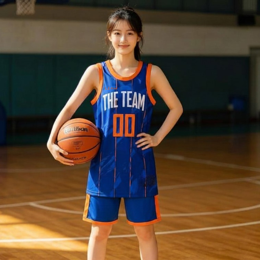 Model wearing custom blue with orange trim basketball singlet