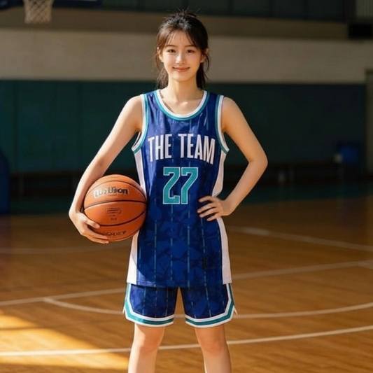 Model wearing custom dark blue and navy geometric pattern basketball singlet