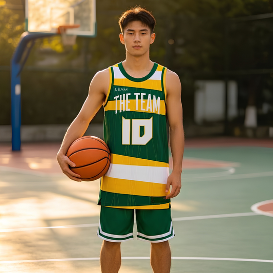 Model wearing custom green and yellow striped against plain white background basketball singlet