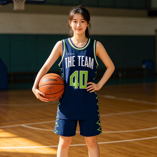 Model wearing custom navy blue featuring zigzag green details along the sides basketball singlet