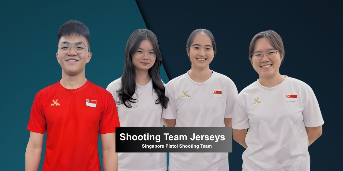 Four Singapore shooting athletes wearing custom LEAM red and white jerseys