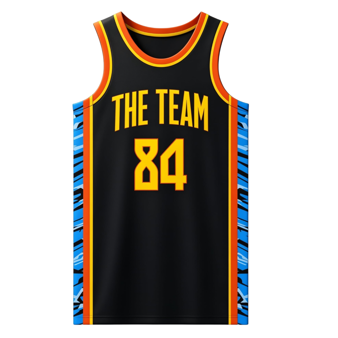 Custom black with blue and black patterned side panels basketball singlet
