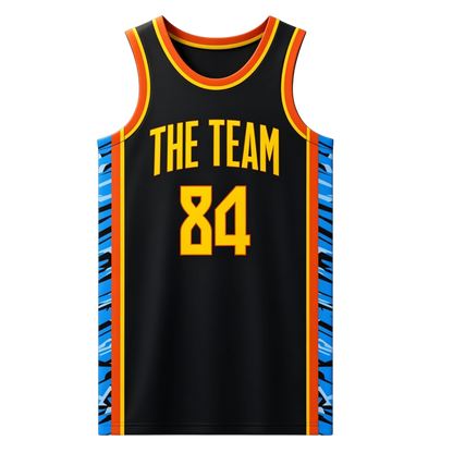 Custom black with blue and black patterned side panels basketball singlet
