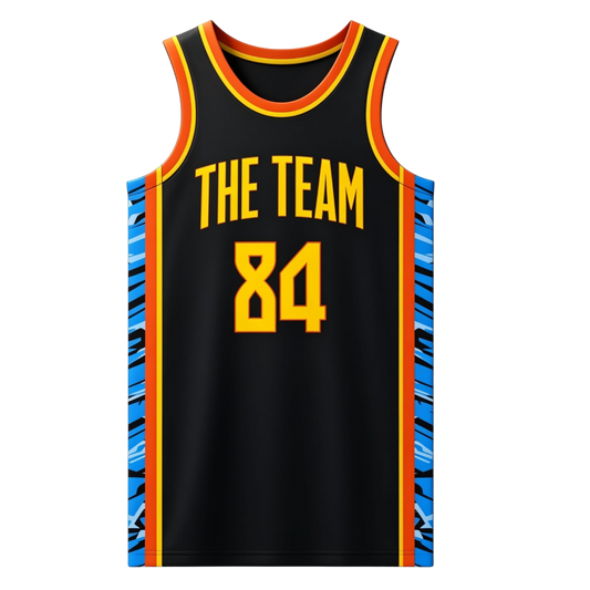Custom black with blue and black patterned side panels basketball singlet