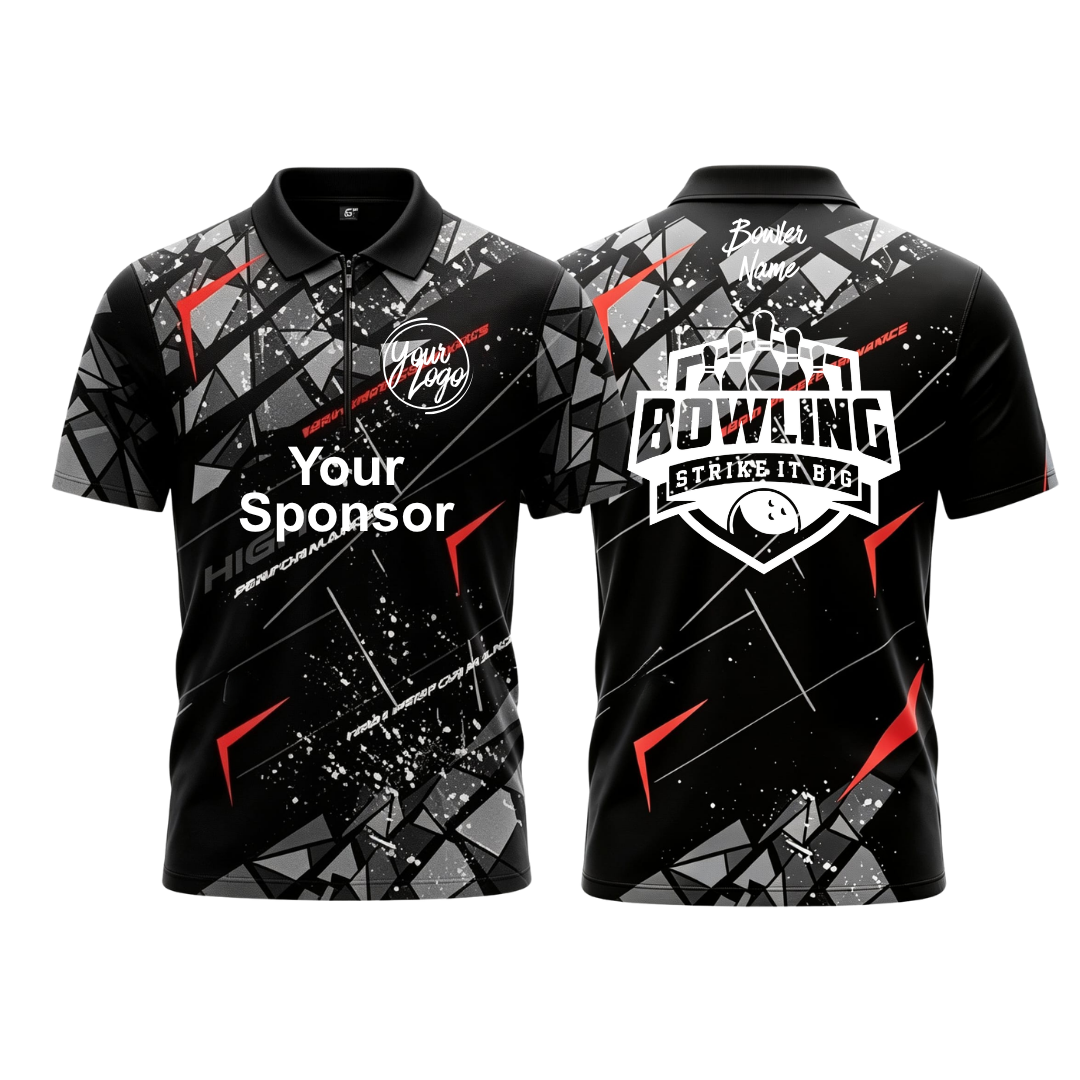 Custom black with a grey geometric pattern and red accents polo zip bowling jersey