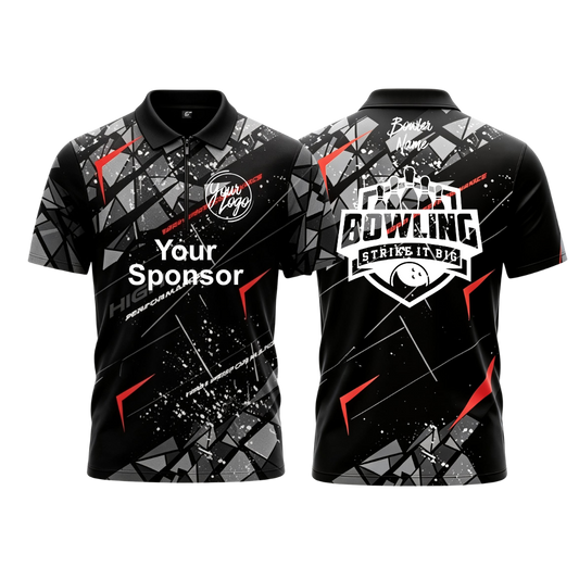 Custom black with a grey geometric pattern and red accents polo zip bowling jersey