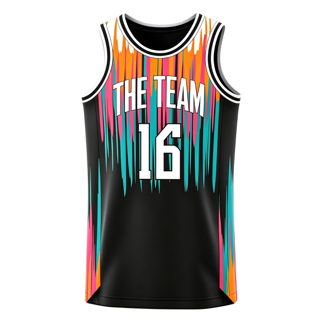 Custom black decorated with vibrant vertical streaks of orange, pink, and teal basketball singlet.