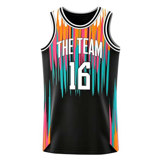 Custom black decorated with vibrant vertical streaks of orange, pink, and teal basketball singlet.