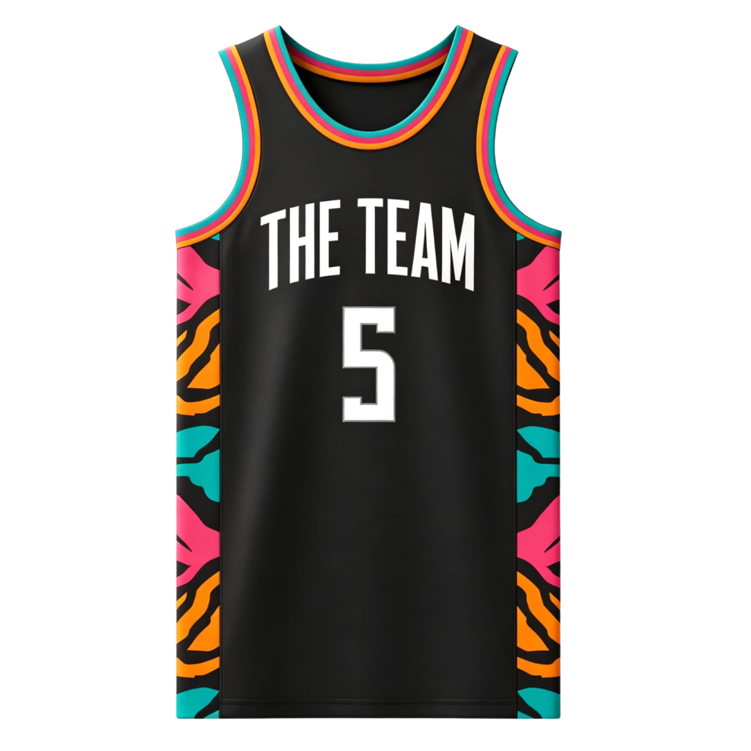 Custom black with vibrant pink, orange, and teal tiger-stripe patterns along the sides basketball singlet