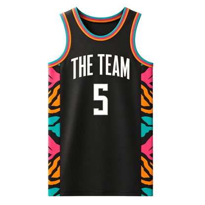 Custom black with vibrant pink, orange, and teal tiger-stripe patterns along the sides basketball singlet