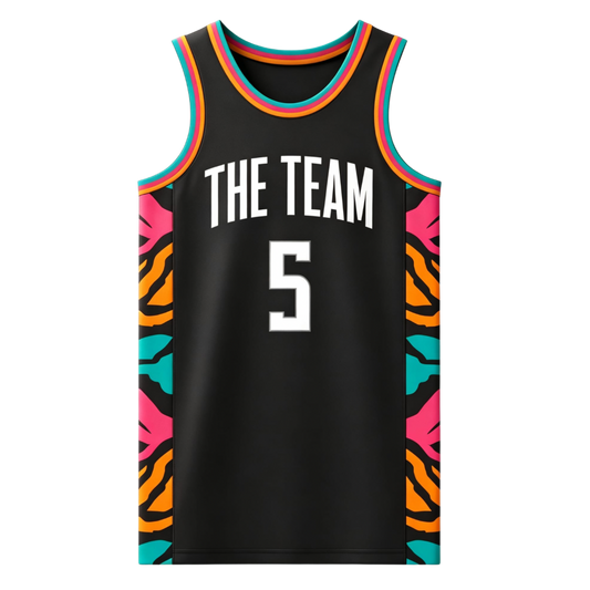 Custom black with vibrant pink, orange, and teal tiger-stripe patterns along the sides basketball singlet