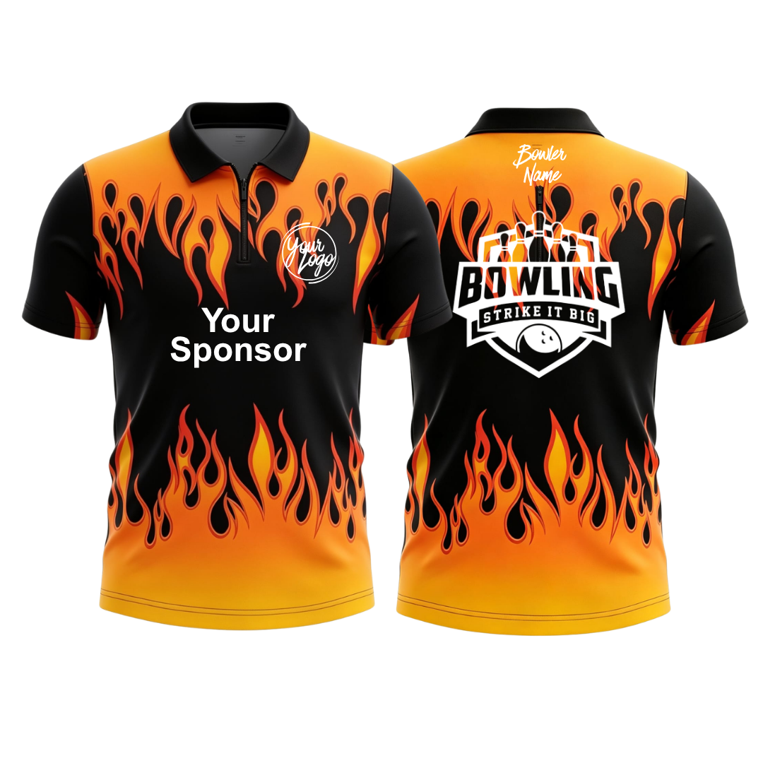 Custom black with a vibrant orange and yellow flame pattern polo zip bowling jersey