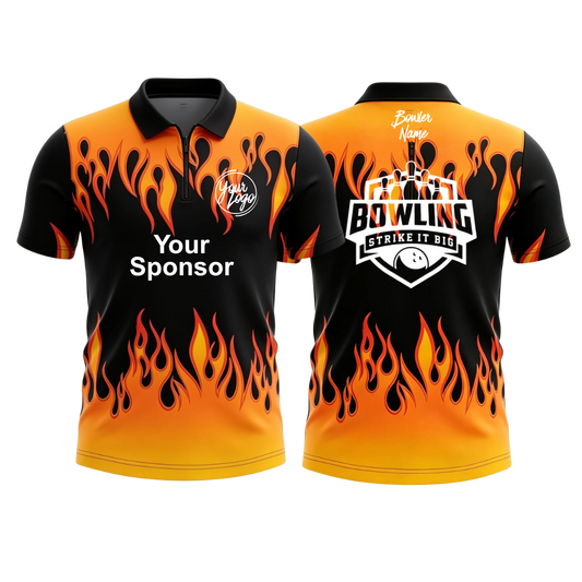 Custom black with a vibrant orange and yellow flame pattern polo zip bowling jersey