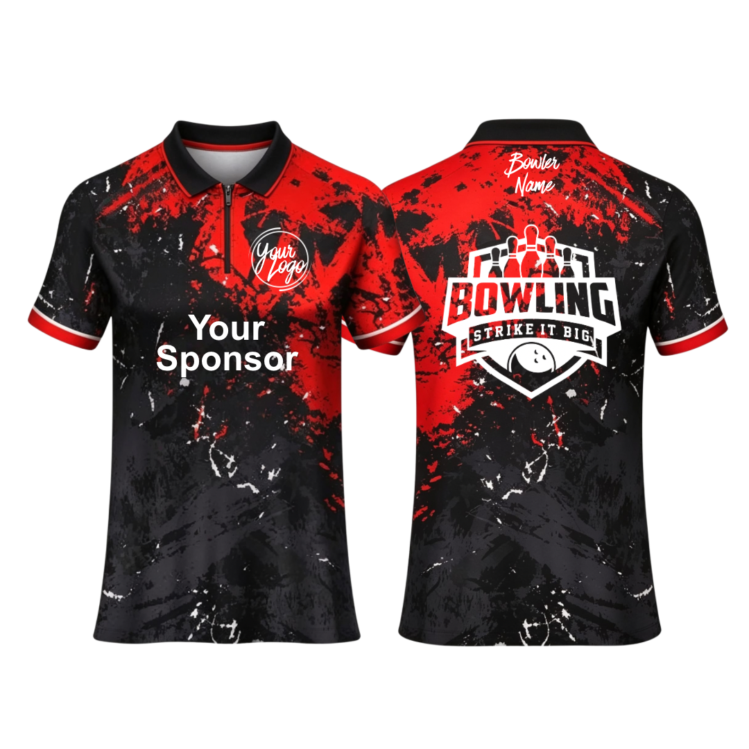 Custom black and red splatter design polo zip bowling jersey