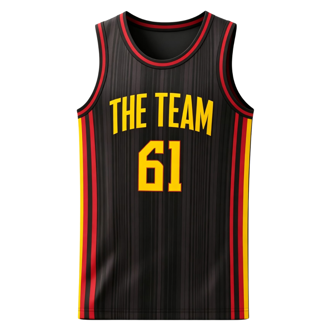 Custom black with vertical textured stripes and red yellow side stripes basketball singlet