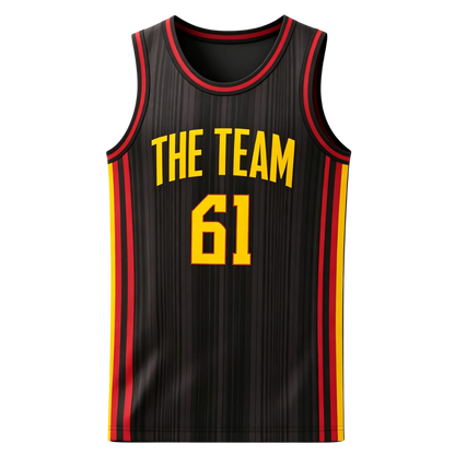 Custom black with vertical textured stripes and red yellow side stripes basketball singlet